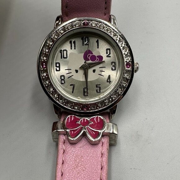 3/$30 Sanrio Hello Kitty Watch Girls Silver Tone Crystal Bezel Pink Band - Picture 2 of 13